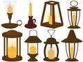 Collection of candles, candlesticks, lamps and lanterns vector illustration