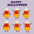 Collection of candy corn character in cartoon style. Happy Halloween concept greeting card, poster. Royalty Free Stock Photo