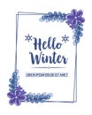 Collection of card hello winter, with ornate of purple flower frame and blue leaves. Vector Royalty Free Stock Photo