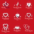 Collection of cardiology medical care vector emblems can be used in pharmaceutical business.