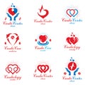 Collection of cardiology medical care vector emblems can be used in pharmaceutical business.