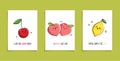 Collection of cards with fruits, berries and funny phrases. Set of illustrations with cute fruits - cherry, peach and lemon
