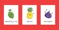 Collection of cards with fruits, berries and funny phrases. Set of illustrations with cute fruits - lime, pineapple and fig