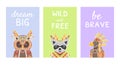 Collection of Cards with Inspirational Quotes and Cute Ethnic Patterned Animals, Dream Big, Wild and Free, Be Brave Royalty Free Stock Photo