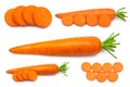 Collection carrot whole and sliced isolated on white background