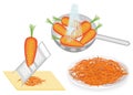 Collection. Carrots are washed in a colander under water, rubbed on a grater, Korean salad is prepared. Tasty dish. Dietary,