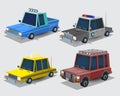 Collection of cartoon cars. Village pickup truck, police car, taxi and jeep. Cars set isolated on white background. Vector Royalty Free Stock Photo