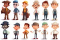 A collection of cartoon characters of different ages, professions and ethnicities, such as a cowboy, a construction worker, a Royalty Free Stock Photo