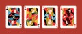 Collection of cartoon different suits playing card queen isolated on red background. Gamble winner poker hand, four of a Royalty Free Stock Photo