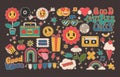 Collection of Cartoon groovy stickers 70s with hippie style