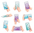 Collection of cartoon hands with phone. Humans holding phones with empty screen. Mock up of social network communication