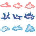 A collection of cartoon illustrations of clouds in fairyland, magic land, and dwarf land.