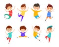 Collection cartoon jumping boys. Joyful children set isolated on white background.
