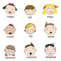 Collection of cartoon kids faces with  facial emotions Royalty Free Stock Photo