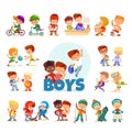 Collection of cartoon little boys on white background.