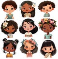 Collection of cartoon multinational little girls faces, children avatars, kids heads clipart, isolated on white background.