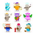 Collection cartoon owls of different professions. Royalty Free Stock Photo