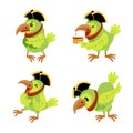 Collection of cartoon pirate parrot character in cocked hat in different actions Royalty Free Stock Photo