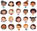 Collection of cartoon smiling kids heads, set of multinational happy little children faces, avatars, isolated on white background Royalty Free Stock Photo
