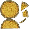 Collection of cartoon-style images with empty cheese pizza, pizza with cheese without filling