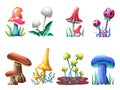Collection of cartoon style magic fantasy mushrooms, isolated on white background. For web, video games, user interface, design Royalty Free Stock Photo