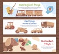 Collection cartoon wooden toy banner vector flat illustration vintage ecological toys advertising Royalty Free Stock Photo