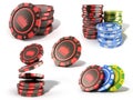 collection of casino red chips stacks isolated on white realistic 3d render objects Royalty Free Stock Photo