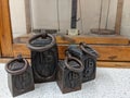 A collection of cast iron vintage lb weights front view Royalty Free Stock Photo