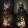 Collection of cat portraits with crowns. Created with generative AI