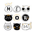 Collection of cats and the inscription meow. Vector illustration. For printing on T-shirts, souvenirs, postcards.