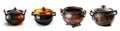 cauldron or old pots or pans. collection set against a white background. steel pans. metal pots. lid. copper. Royalty Free Stock Photo