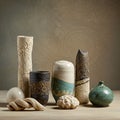 A collection of ceramic art pieces is displayed against a textured background. The Royalty Free Stock Photo
