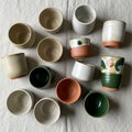 A collection of ceramic cups displayed on a textured, light-colored Royalty Free Stock Photo