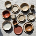 A collection of ceramic dinnerware arranged on a textured fabric Royalty Free Stock Photo
