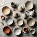 Collection of ceramic dishware is artistically arranged on a textured gray Royalty Free Stock Photo