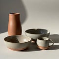 A collection of ceramic items includes a tall, terracotta vase, two bowls, and a mug. Royalty Free Stock Photo