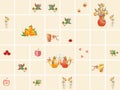 Collection of ceramic kitchen tiles with teapots, flowers, birds, hearts, fruits and berries.