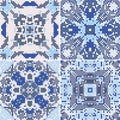 A collection of ceramic tiles in blue retro colors.