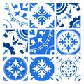 Collection of ceramic tiles with different traditional oriental patterns and antique decorative ornaments in blue and