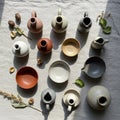 A collection of ceramic vessels arranged on a textured fabric surface Royalty Free Stock Photo
