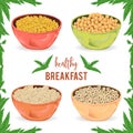 Collection of cereal porridge, granola, flakes and rings in bowl with mint leaves on white background.