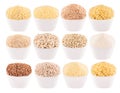 Collection cereals grains in white bowls, closeup, isolated.