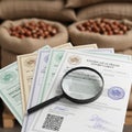 And phytosanitary documents on a table, accompanied by a magnifying Royalty Free Stock Photo