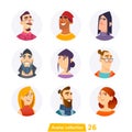 Collection of cartoon avatars. Vector isolated heads of men and women. Teenagers and adults with beard and glasses.