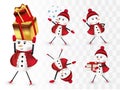 Collection cheerful Snowmans. Christmas characters. Snowman with gift present. Snowman in red wearing hat, scarf and