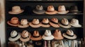 collection of chic and trendy hats displayed on a shelf three generative AI Royalty Free Stock Photo