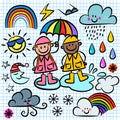 Cute Happy Kids Weather Doodle Set