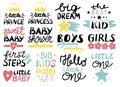 Collection of 13 children logo with handwriting Hello Little one, First Steps, Sweet, Baby shower, Big dream, Boys