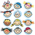 Collection of children`s faces, group of heads, vector icon, isolated portraits