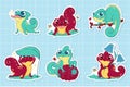 Collection of children\'s stickers with cute lizards in different poses with greens and fruits, butterflies around. Brightly